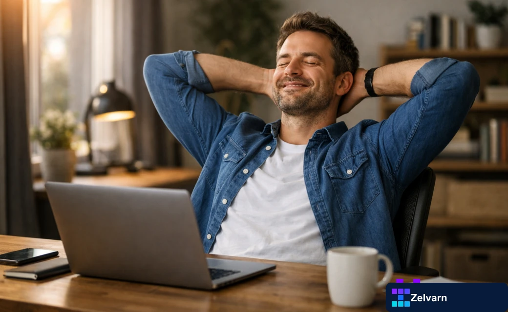 satisfied guy on a laptop that just finished his work for the day